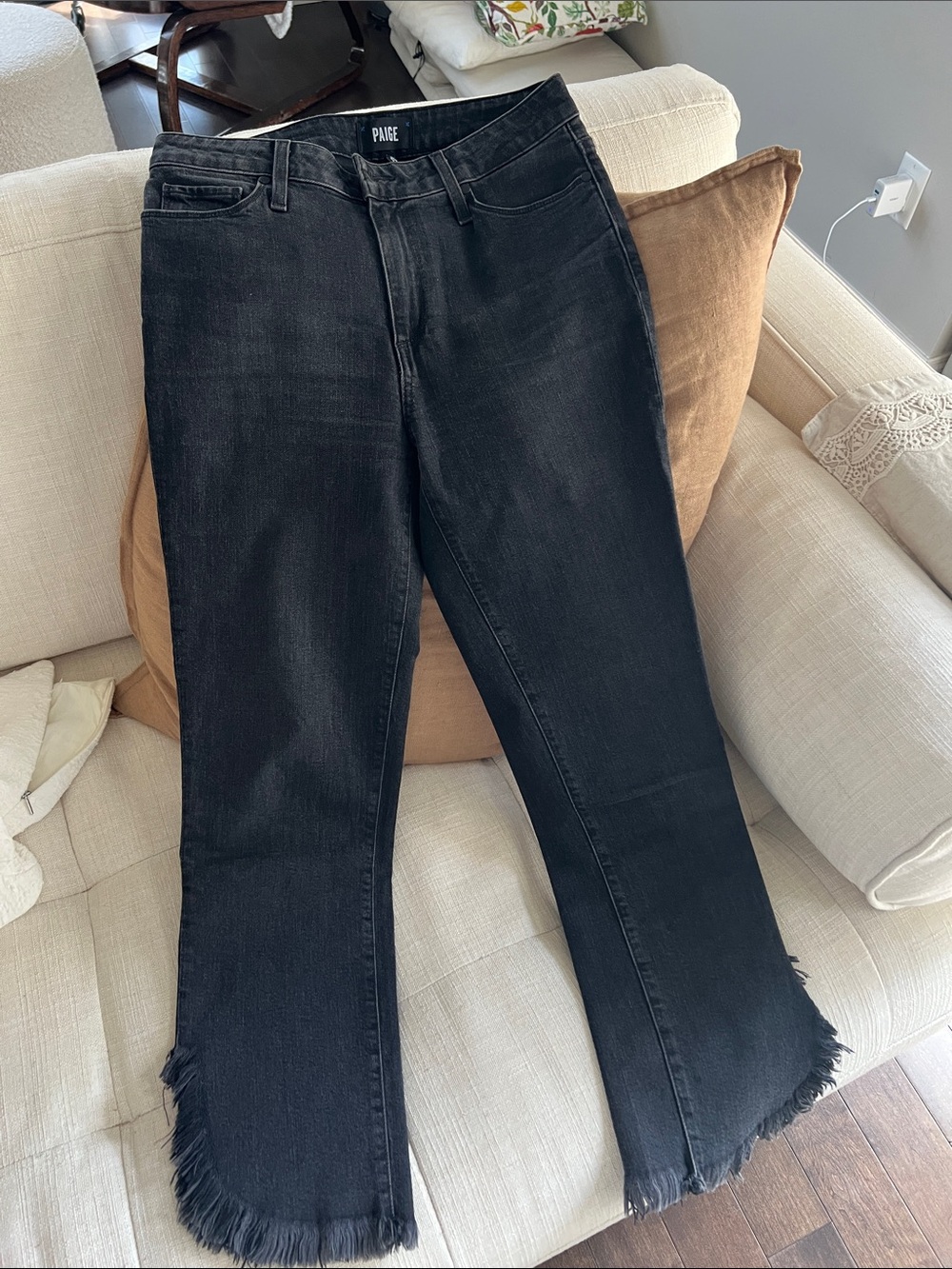 PAIGE Black Frayed-Hem Flare Jeans